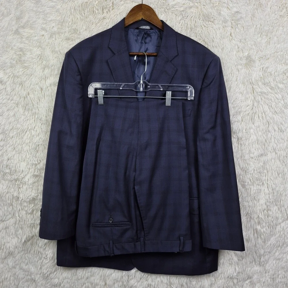 Saks Fifth Avenue Ermenegildo Zegna Suit 46R Navy Plaid Wool 2pc 36x29 Italy